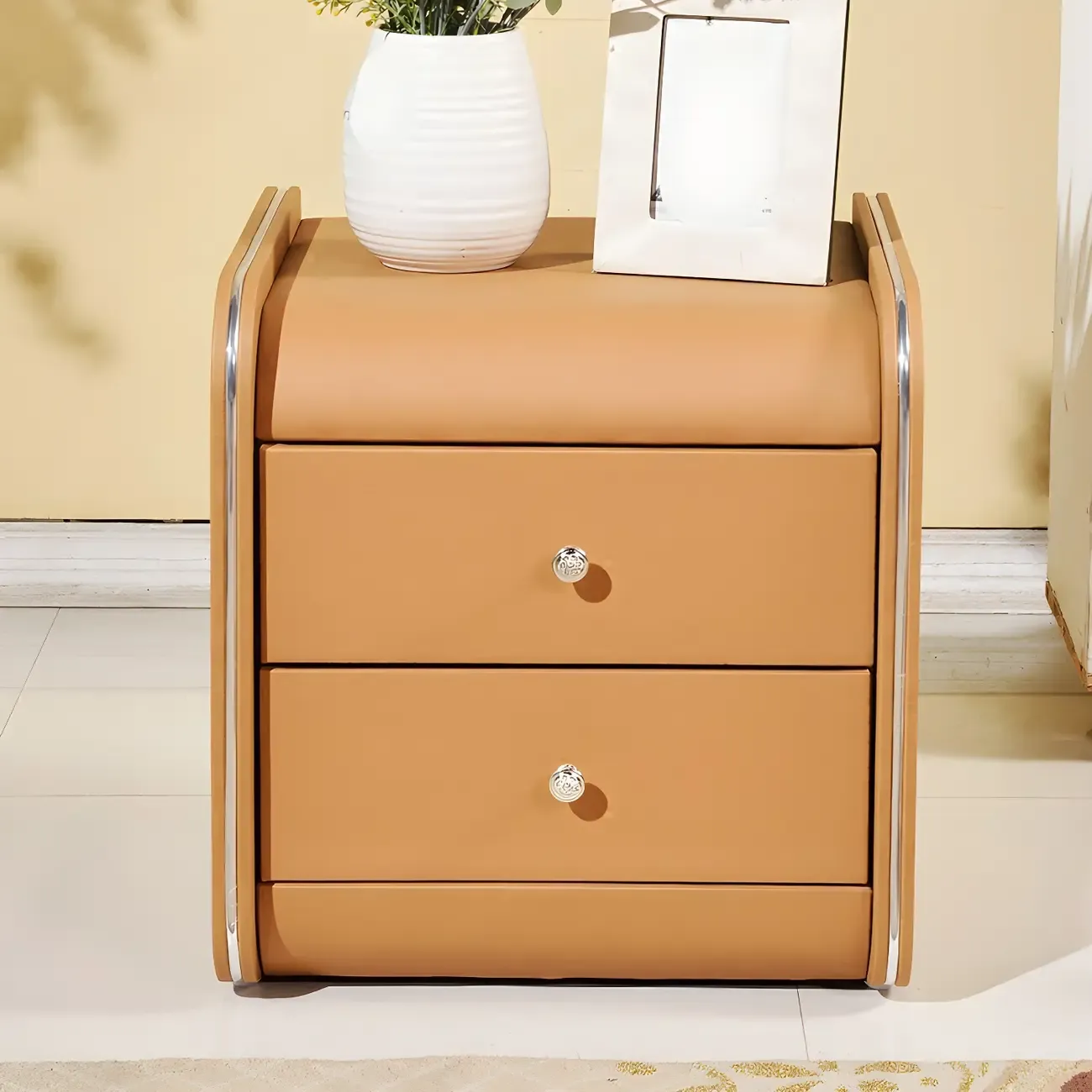 Stylish Narrow Faux Leather Bedside Table with 2 Drawers