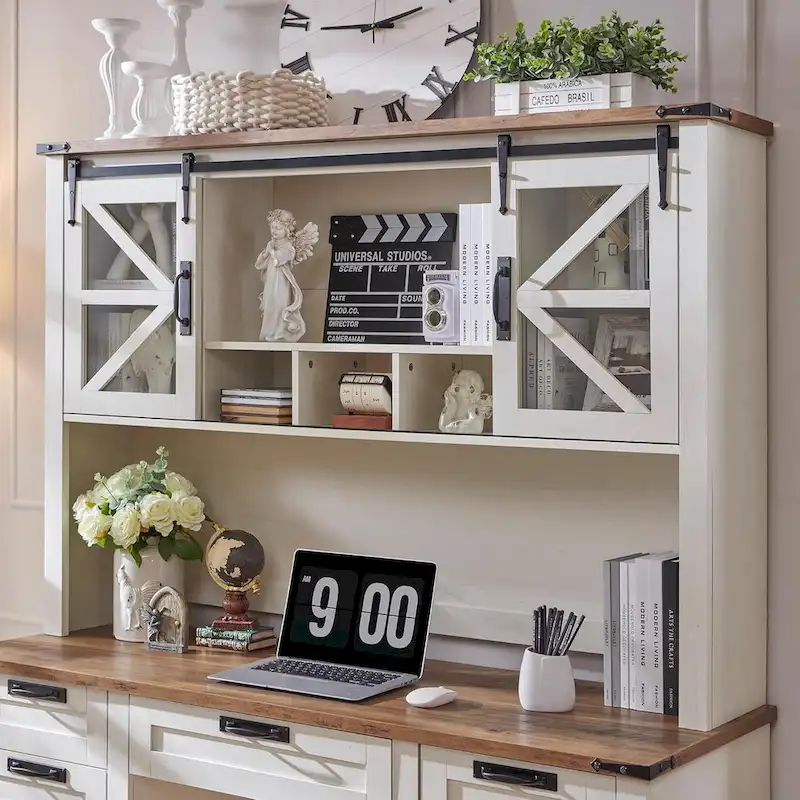 Farmhouse Desk, Wood Home Office Executive Desk with Charging Station