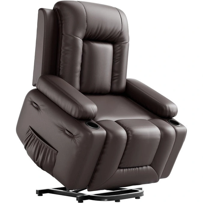 Power lift recliner chair with massage, cup holders, and side pocket.