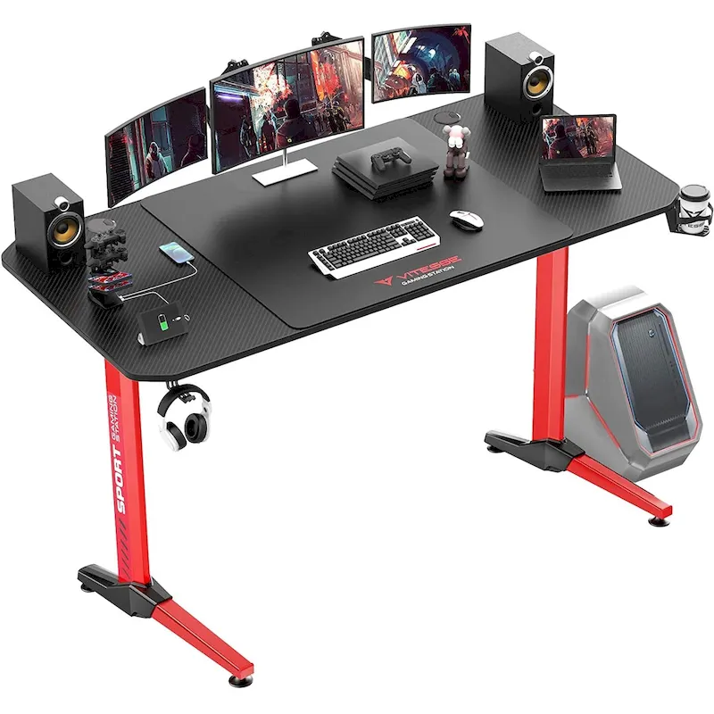 BOSSIN Ergonomic Gaming Desk T-Shaped Office PC Computer Desk with Full Desk Mouse Pad, Handle Rack, Cup Holder Headphone Hook
