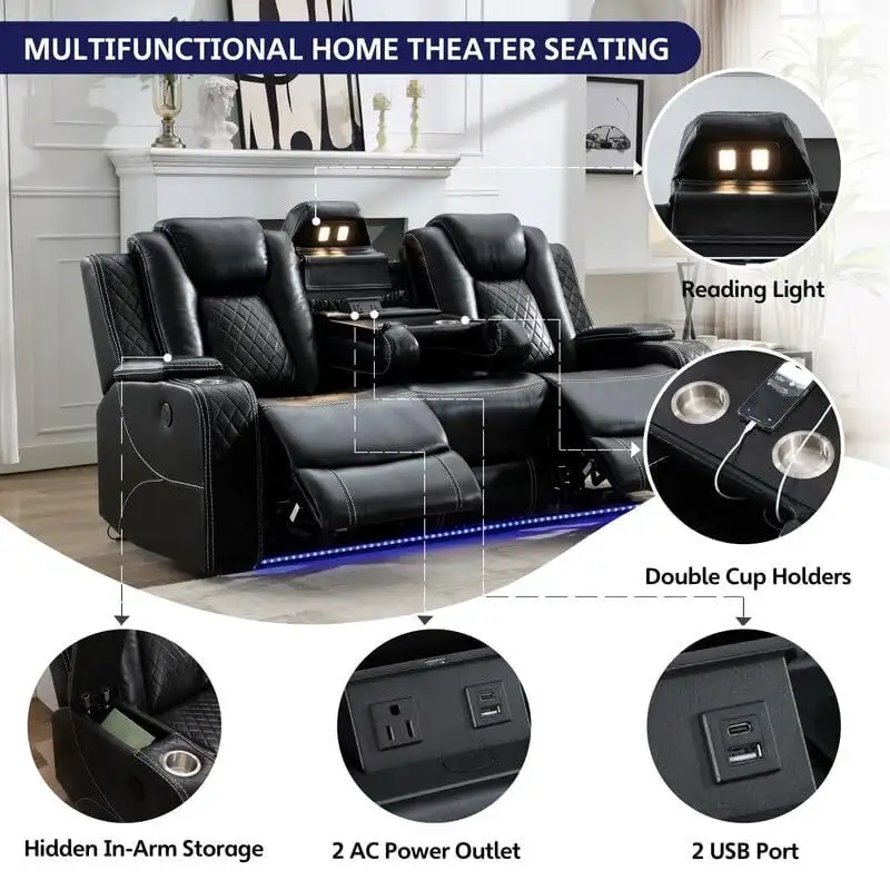 Power Reclining Sofa with Wireless Charger & LED Light – Faux Leather, Black