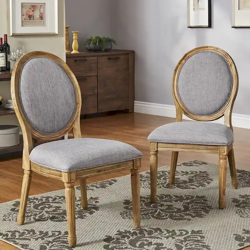 Round Linen and Wood Dining Chairs Set of 2, Artisan Style Upholstered Side Chairs
