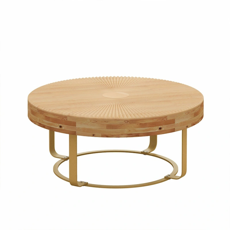 Modern Round Coffee Table with Wooden Carving Pattern and Metal Legs