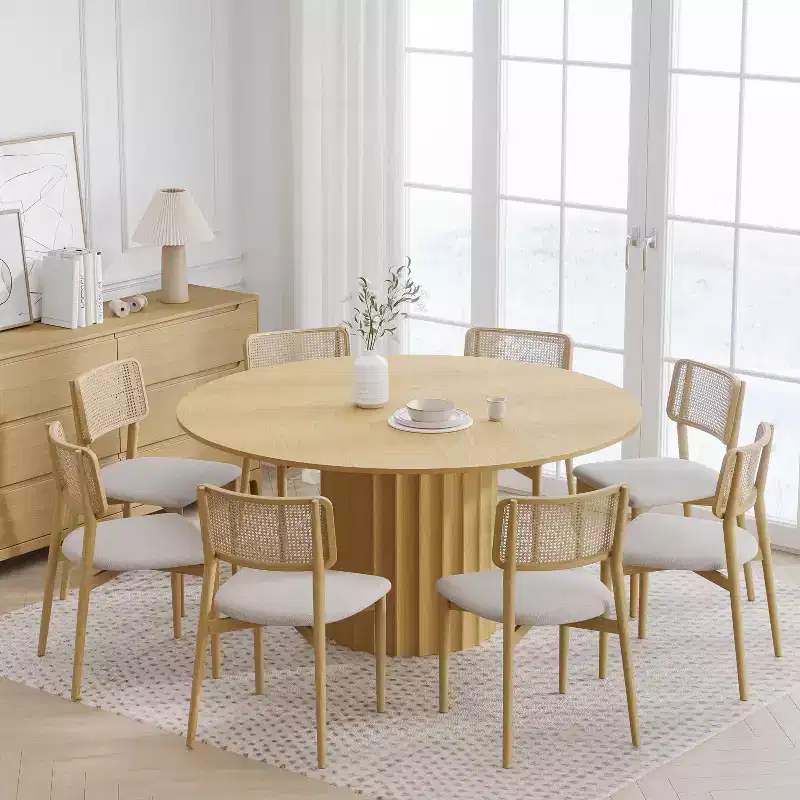 PexFix 60 Solid Wood Round Dining Table Kitchen Table for 6-8 with Tabletop and Fluted Cylindrical Base for Living/Dining Room Coffee Office Natural