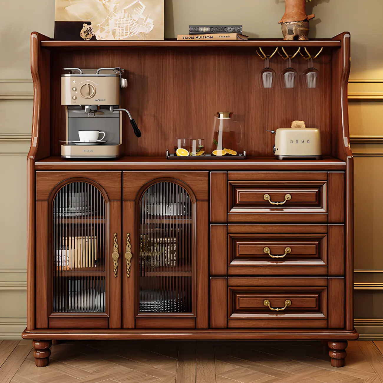 Modern Wood Kitchen Buffet with Shelves and Stemware Rack