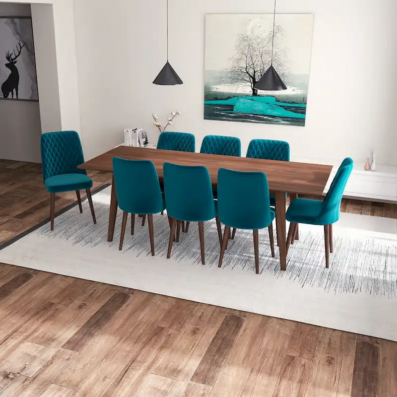 Addison 9-Piece Mid-Century Rectangular Dining Set w/ 8 Velvet Dining Chairs in Turquoise