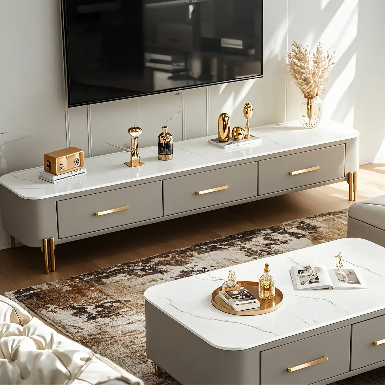 Contemporary 3-Drawer Stone Grey TV Stand with Gold Legs