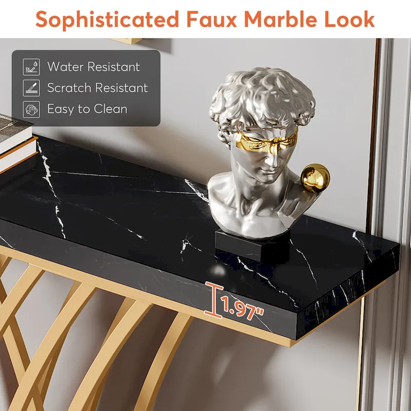 59 Inches Console Table,Gold and White Faux Marble Entryway Table