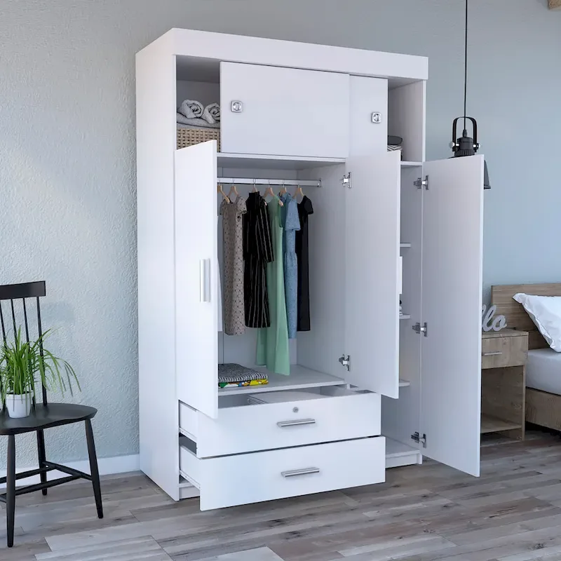 47.2 Modern Three-door Armoire with Hanging Rods, Two Drawers and Two Superior Adjustable Shelves