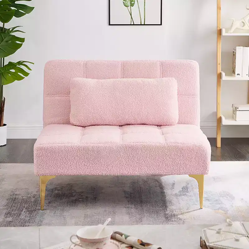 Convertible Sofa, Modern Teddy Fabric Futon Sleeper Sofa Bed with Adjustable Backrest & Pillow, Gold Metal Legs for Small Spaces Living Room