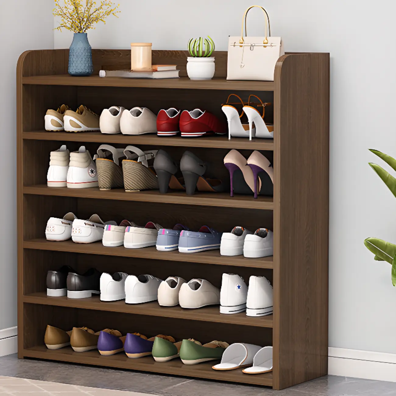 Vertical White Wooden Hallway 6-Tier Open Shoe Rack