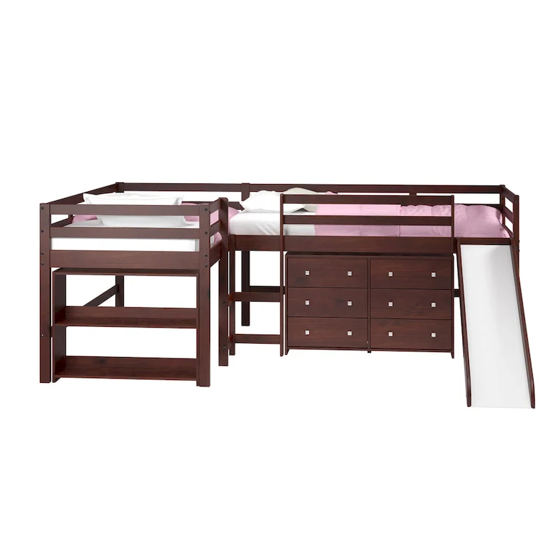 Double Twin L-Shaped Slide Loft Bedroom Set in Dark Cappuccino