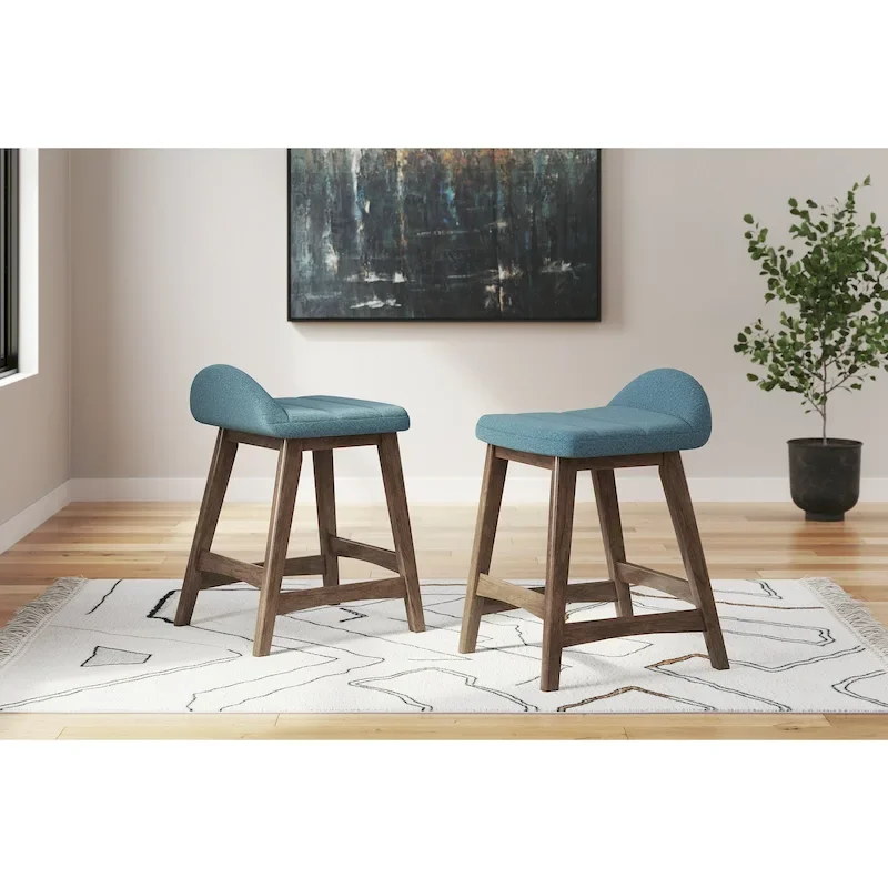 Counter Height Bar Stool, Set of 2, Mid-Century, Polyester, Foam Cushion, Hardwood Frame, Seats 2, Charcoal/Teal/Grey/Yellow