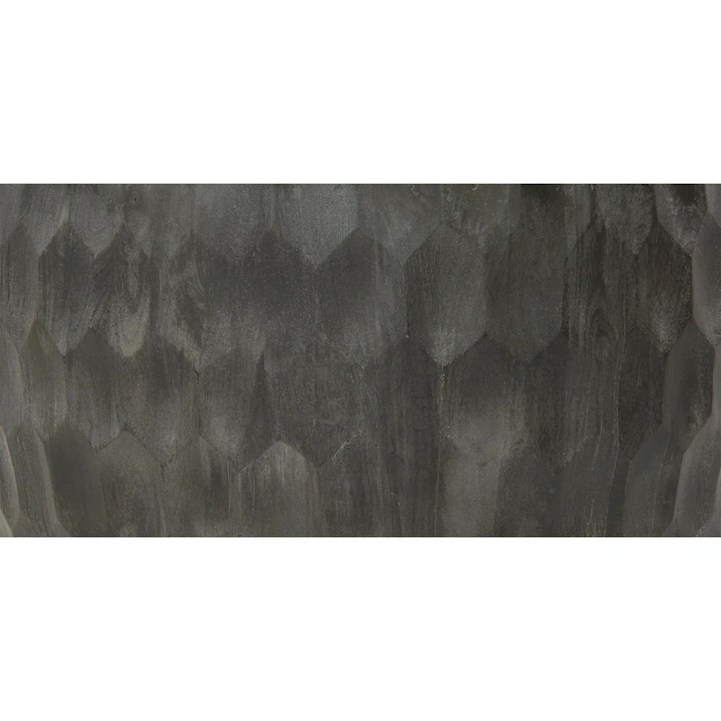 33 Inch Wooden Round Drum Coffee Table with Geometric Carved Pattern, Gray