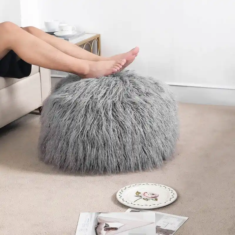 Adeco Unstuffed Ottoman Round Pouf Cushion Covers Faux Fur Foot Stool