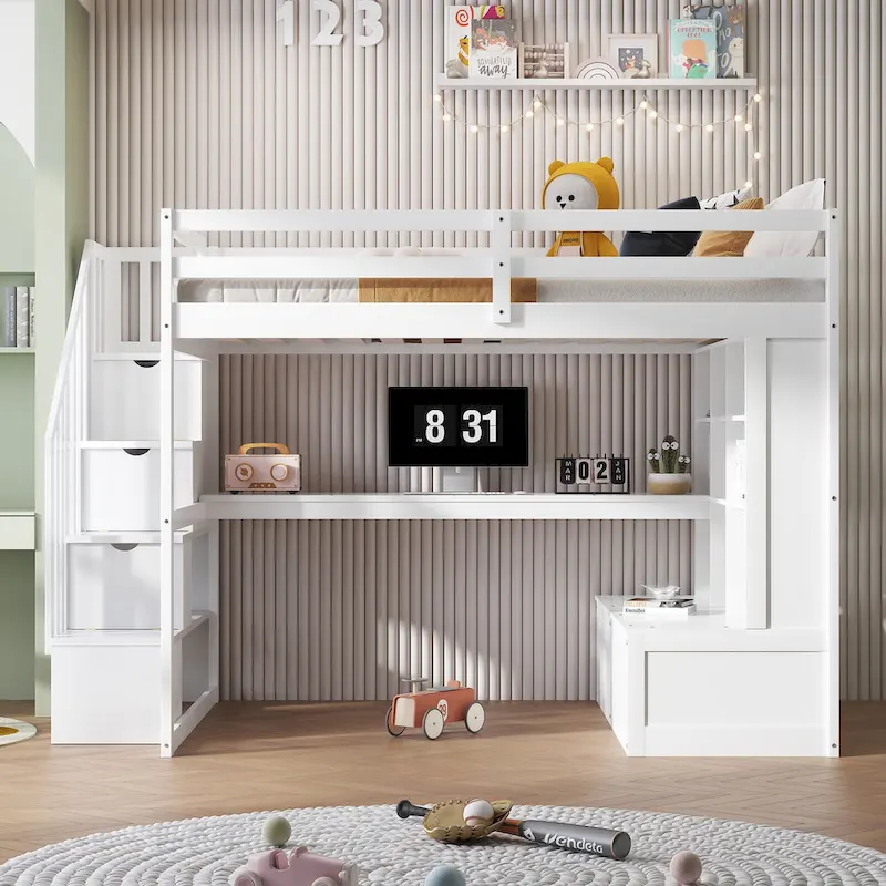 Full Size Loft Bed with Desk and Shelves, 2 Built-in Drawers, Storage Staircase, White and Natural