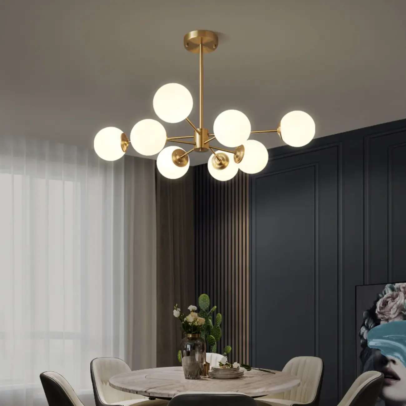 Modern Gold Sputnik Chandelier with White Glass Globe