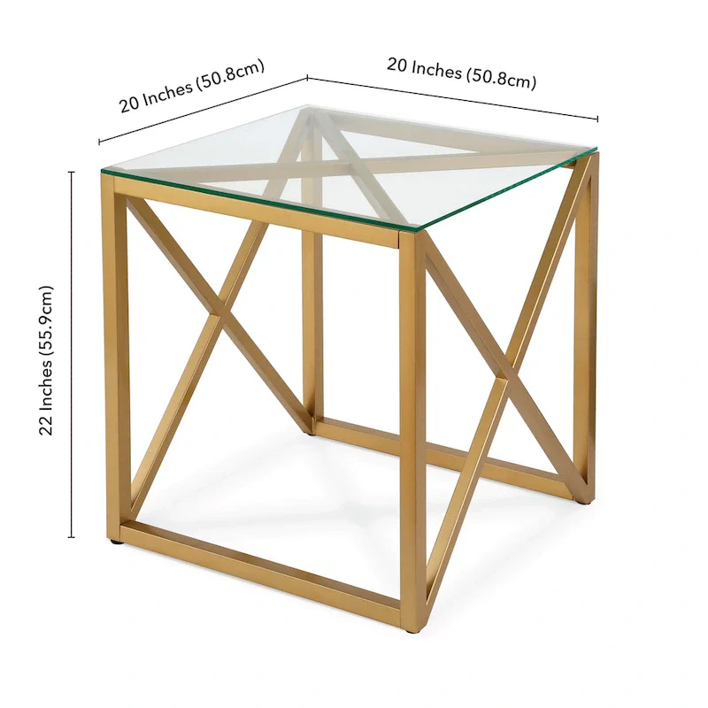 Geometric X-Base Metal & Glass Side Table in Golden Brass Finish