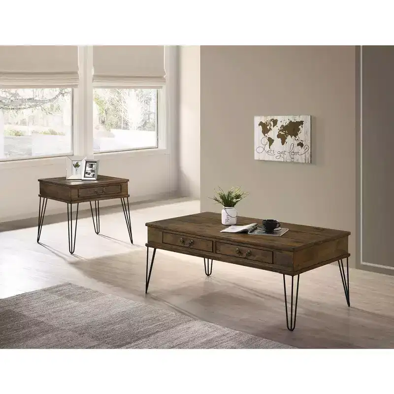2 Drawer Coffee Table Rustic Oak: Antique Hardware, Farmhouse Style, Metal Hairpin Legs