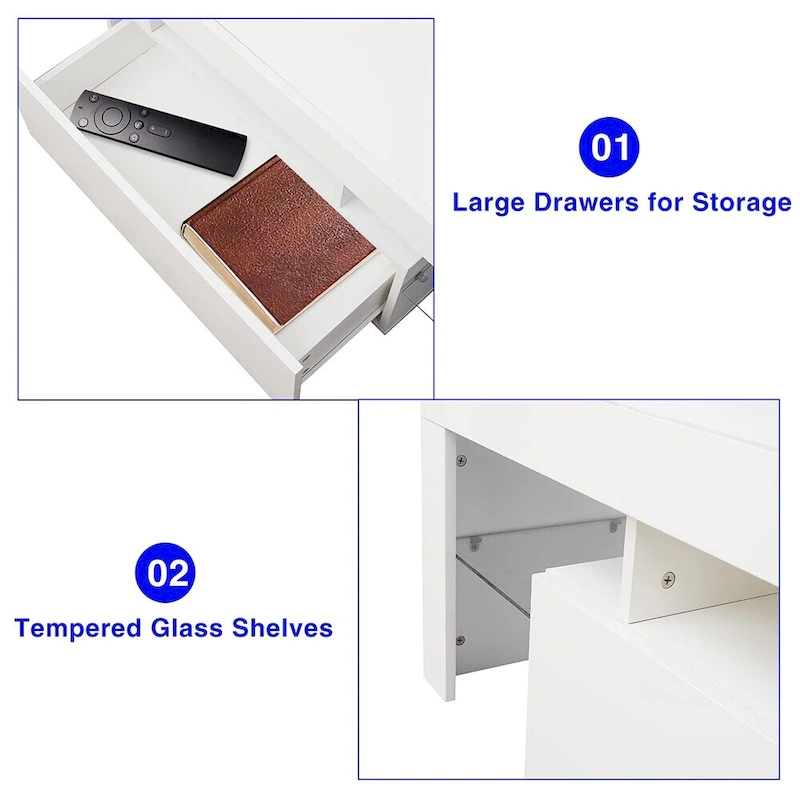 Modern TV Stand up to 70 TV with 2 Drawers & Shelves, LED Lights - 63W x 14D x 18H