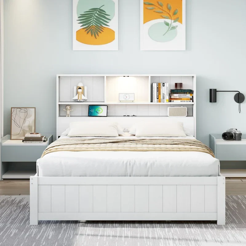 Wood Platform Bed with Bookcase Headboard, Built-in Downlight, Charging Station & 2 Side Drawers
