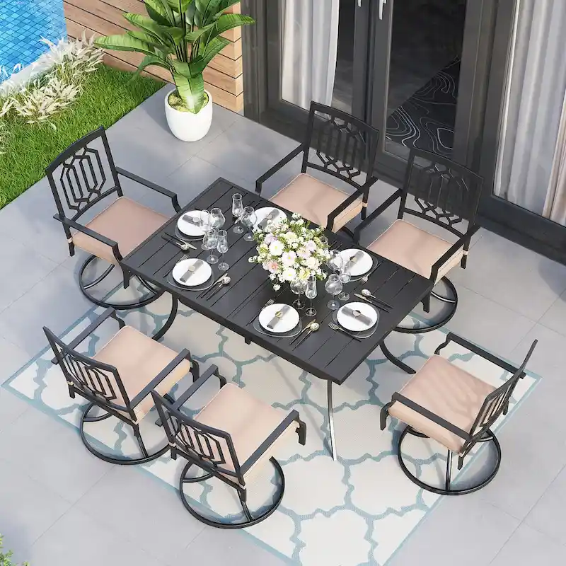 MAISON ARTS 7 Pieces Patio Dining Set, 6 x Swivel Dining Chairs with Cushion and 1 Metal Table with 2.6  Umbrella Hole