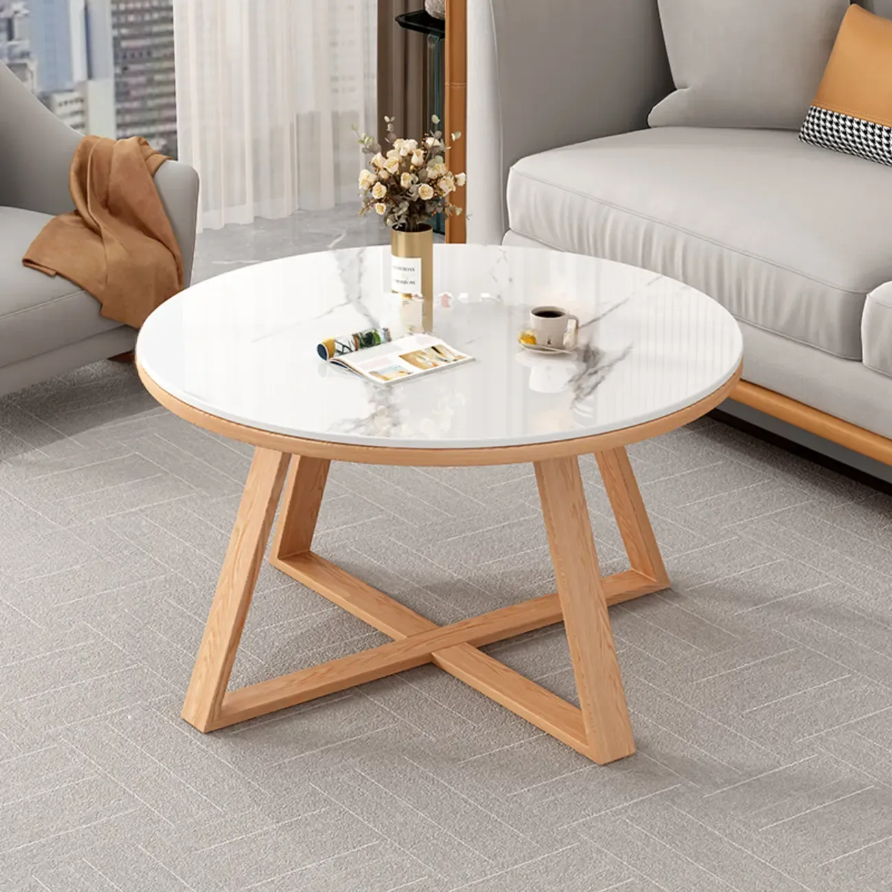 Modern Marble Round 2 Nesting Coffee Table Set with Wood Base