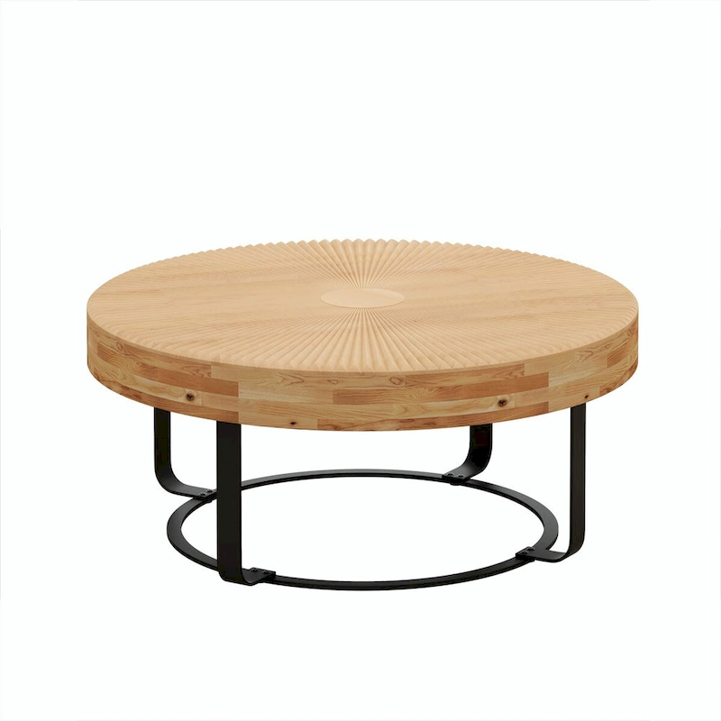 Modern Round Coffee Table with Wooden Carving Pattern and Metal Legs