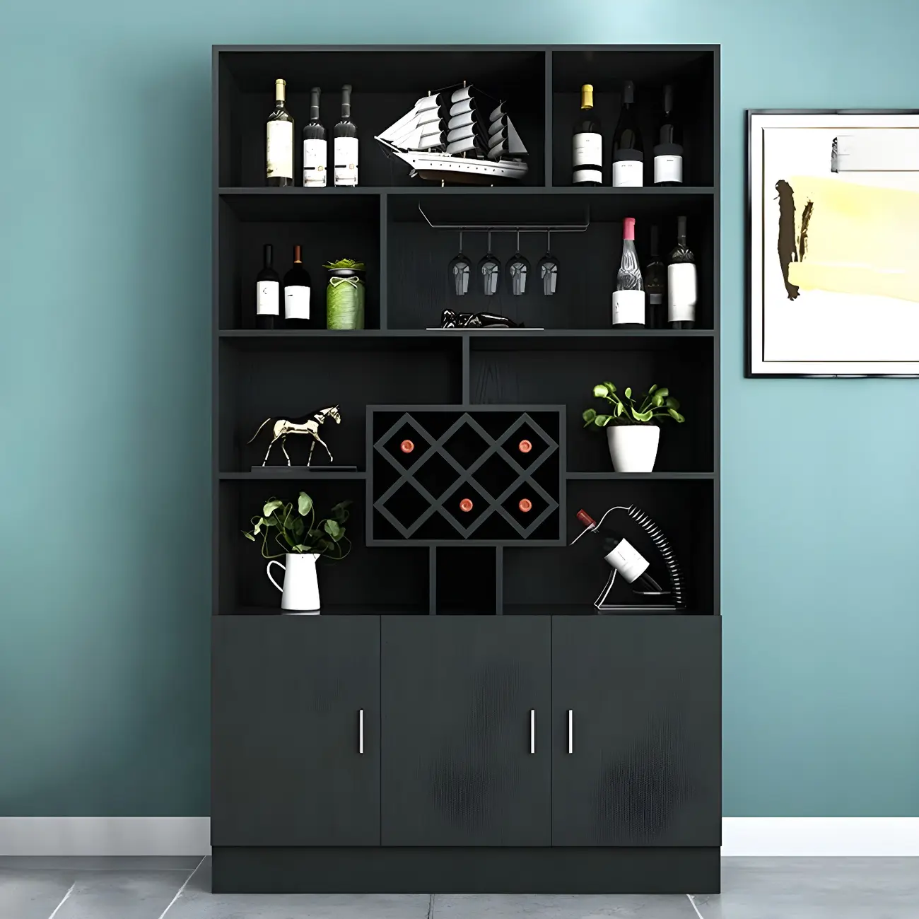 Black Modern Large Wooden Open Stackable Wine Cabinet