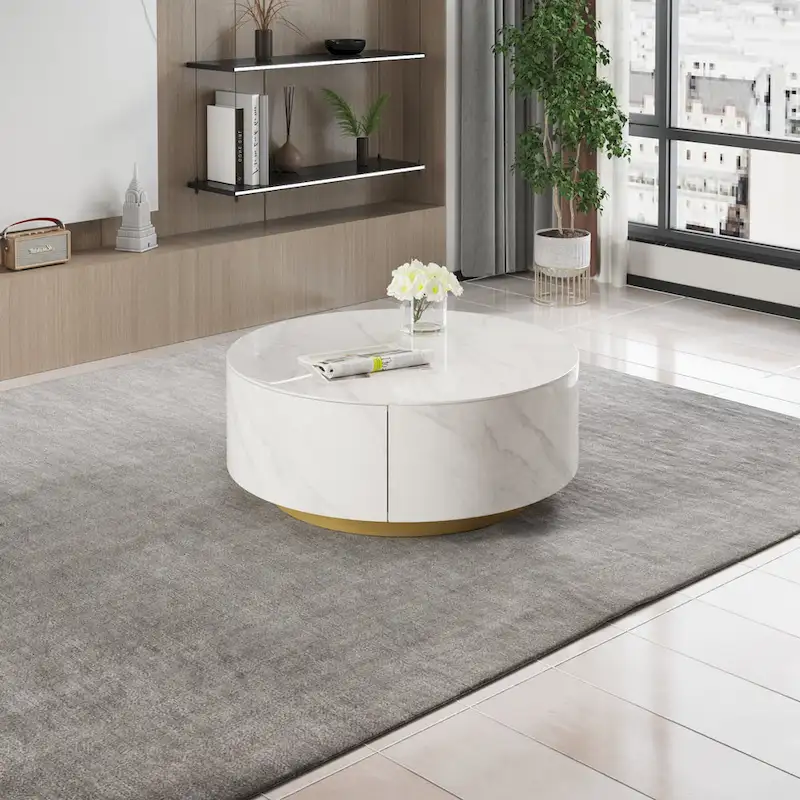 Modern Round Coffee Table, White Sintered Stone Tabletop with 2 Drawers