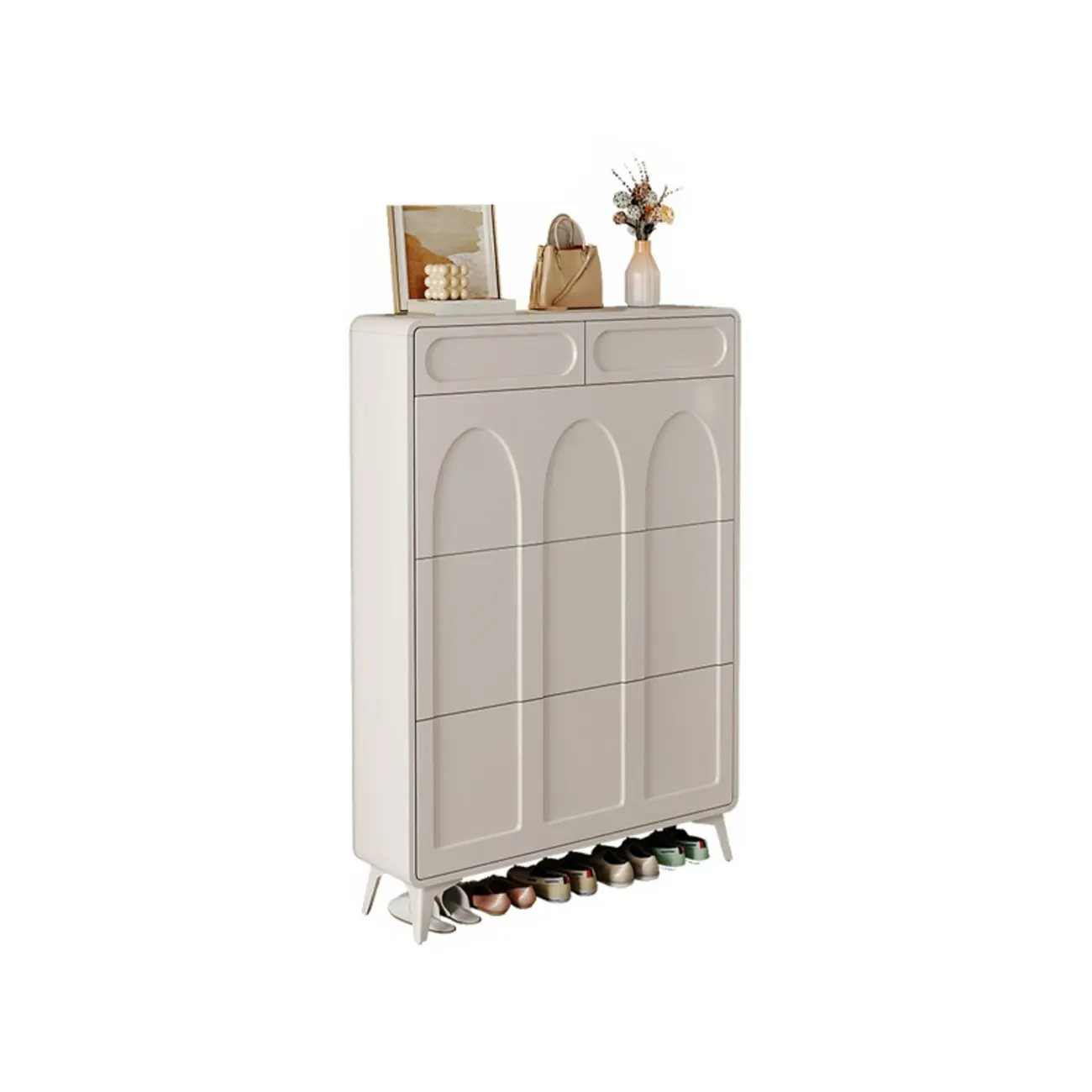 Vertical Slim White Wooden Drop Front Shoe Cabinet