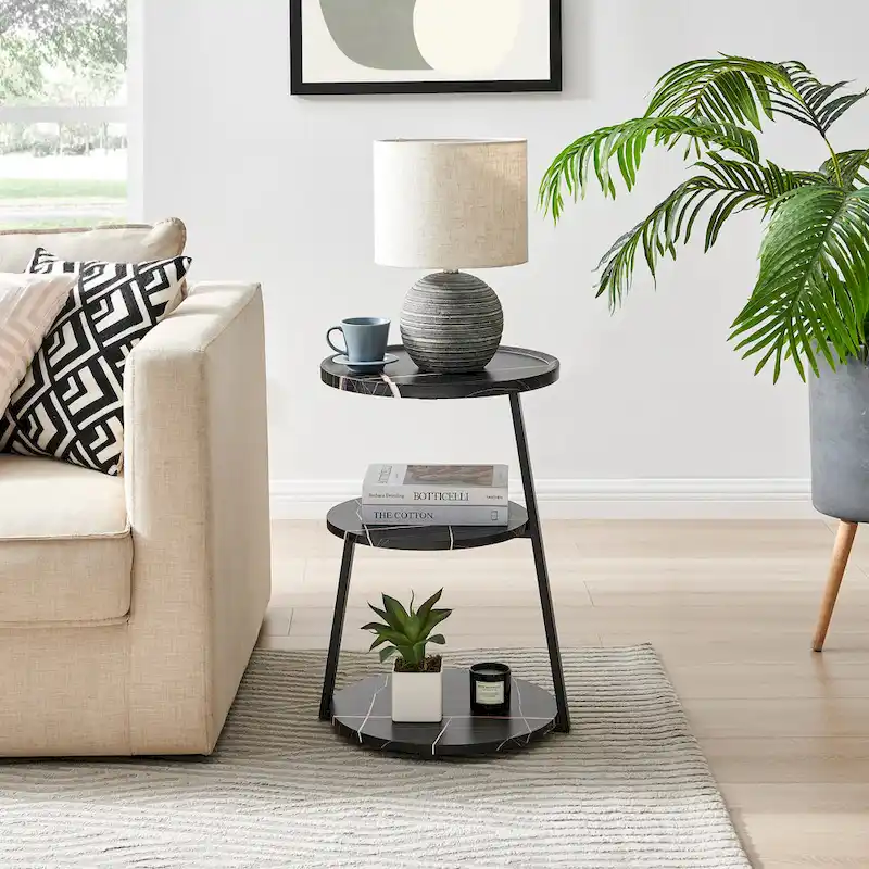 Skylar Round 3-Tier Side Accent Table with Raised Lip Edge Tabletop and Midcentury Modern Metal Asymmetric Pedestal Legs