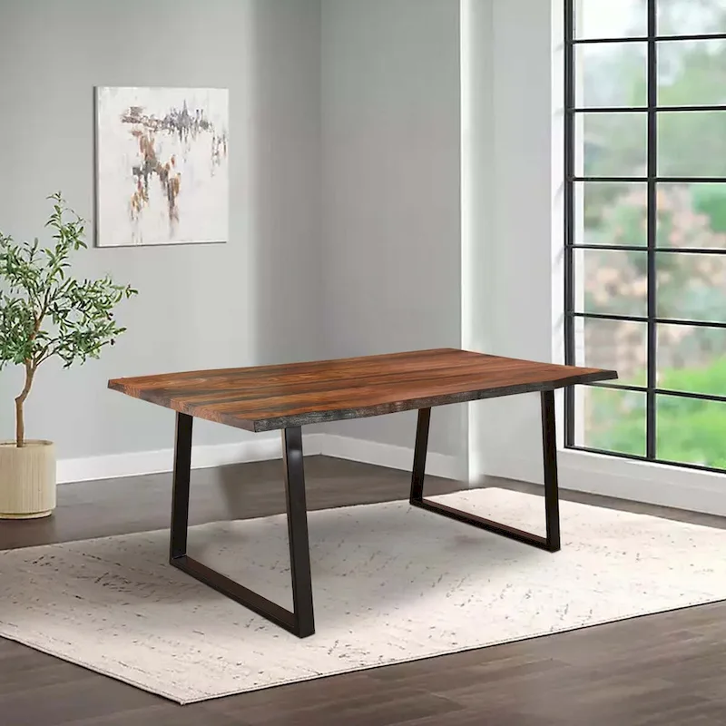 Maze 80 Inch Rectangular Dining Table, Live Edge, Iron Base, Chestnut Brown