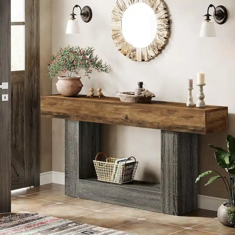 Farmhouse 63 Console Table, 2-Tier Entryway Table Narrow Long Wood Sofa Table