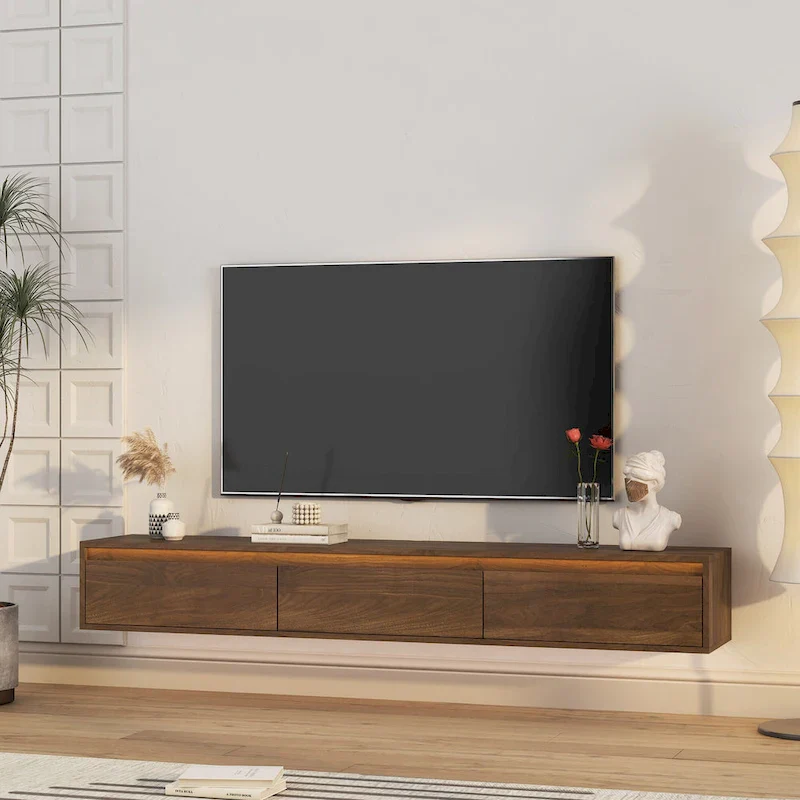 Floating TV Stand, Wall Mounted TV Shelf with Led Lights & Power Outlet,High Gloss TV Cabinet for Wood tv Stands for Living Room