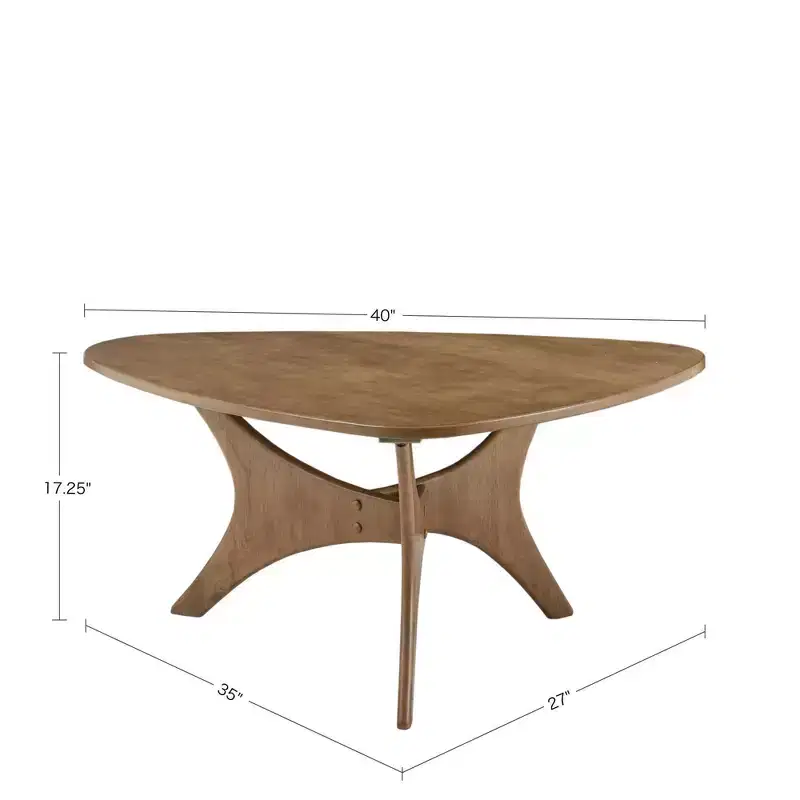 Blaze Triangular Wood Coffee Table Light Brown: Mid-Century Modern, Elm Finish, Unique Cross Base