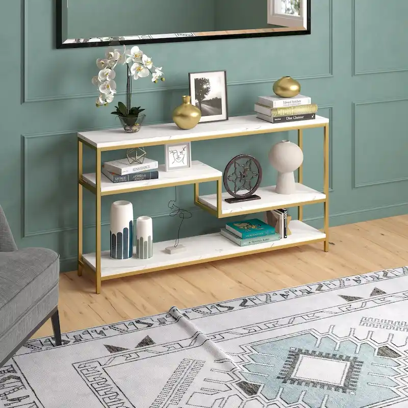 55 Wide Rectangular Console Table with Faux Marble Top