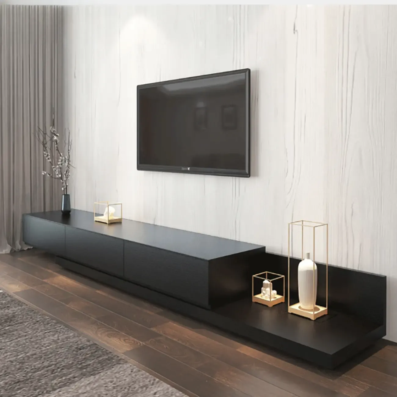 Living Room Wood Side Shelf  Black Rectangular TV Stand
