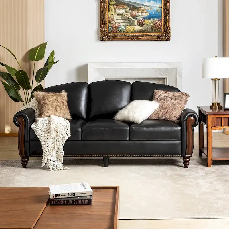 Eduard 84 Traditional Genuine Leather Sofa with Carved Wood Legs by HULALA HOME