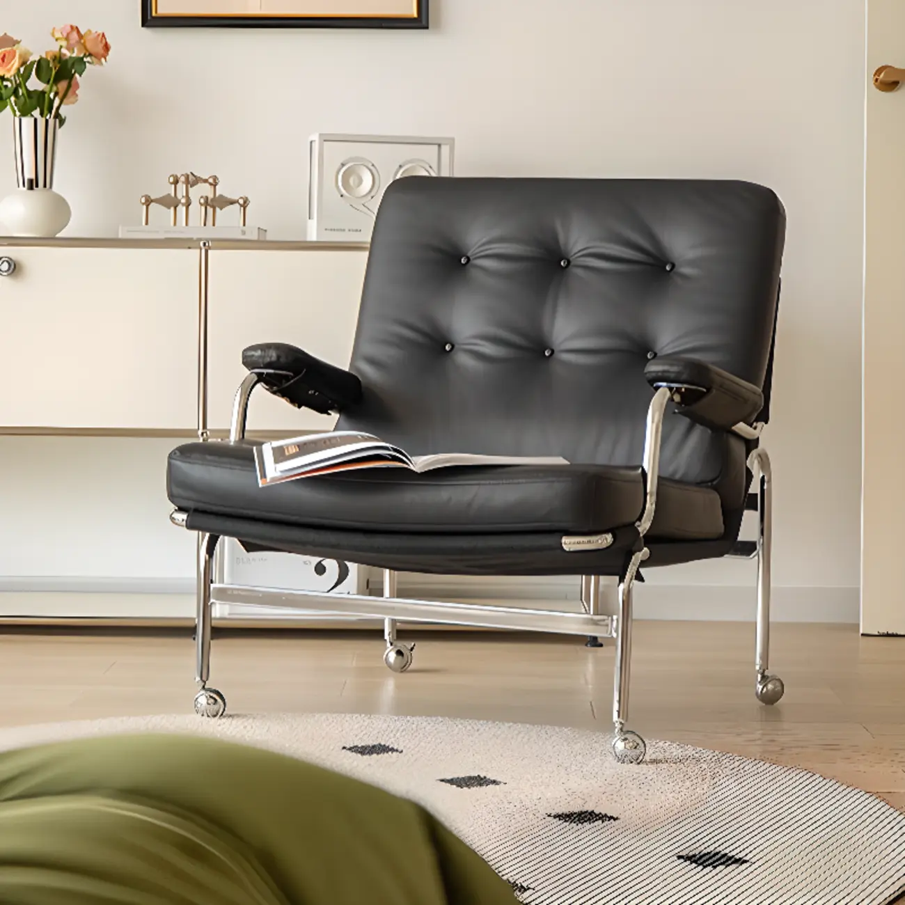 Mid Century Modern Leather Accent Chair with Casters