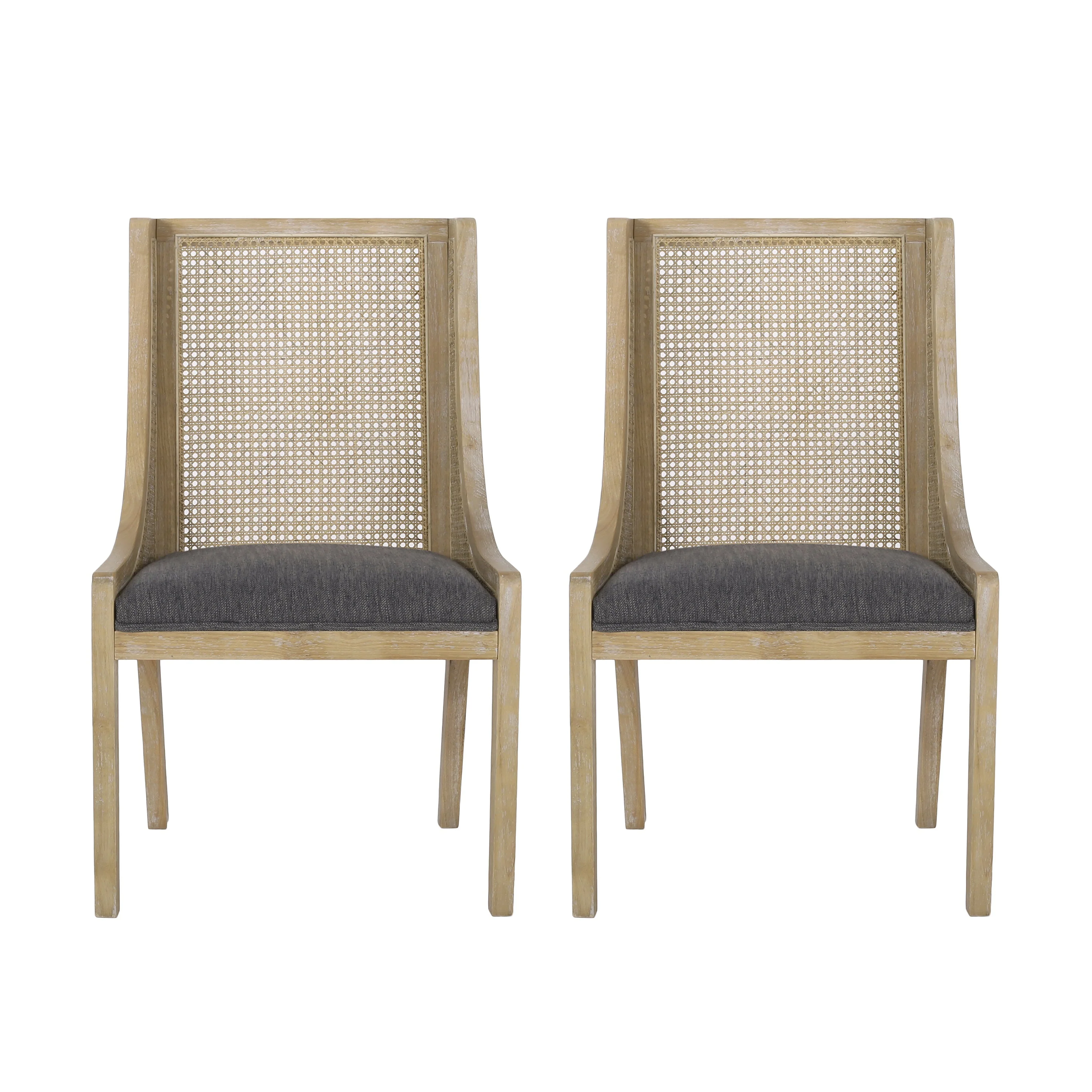 Rustic Cane and Wood Upholstered Dining Chairs, Set of 2