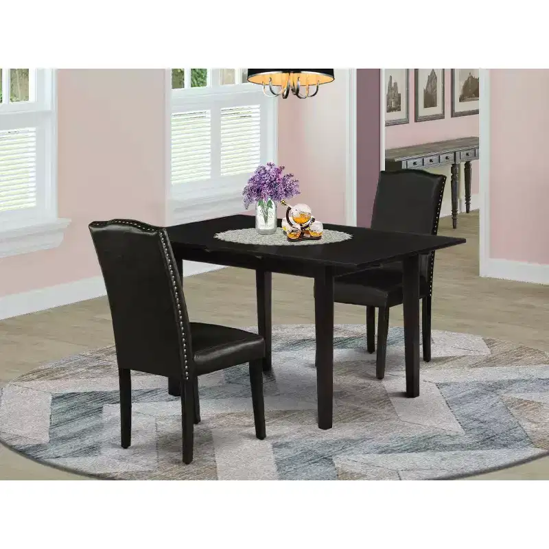 HomeStock 3-Piece Black Finish Rectangular Solid Wood Top with Butterfly Leaf Dining Table Set
