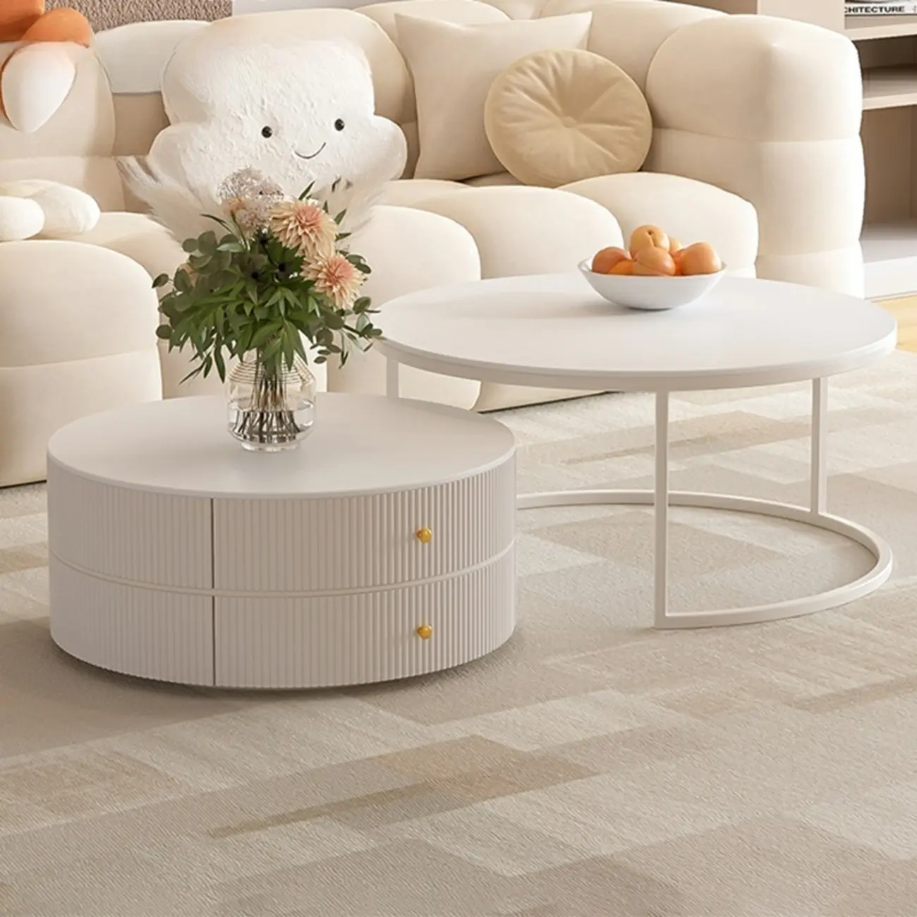 White Round Wheeled Round Wood Drawer Coffee Table