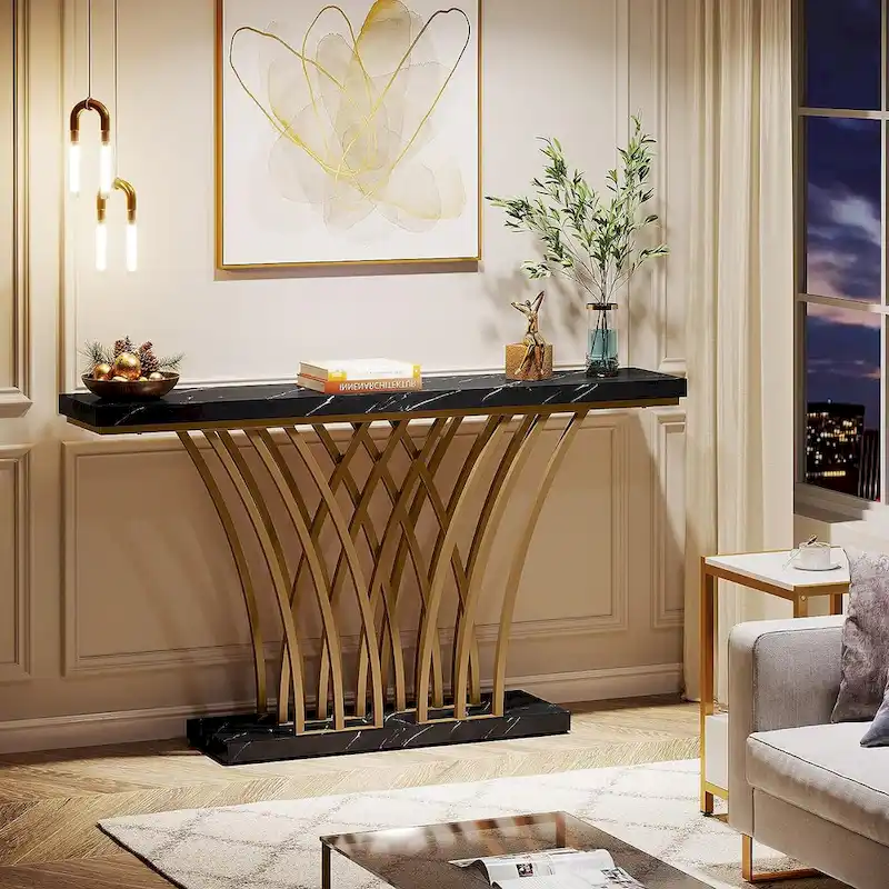 59 Inches Console Table,Gold and White Faux Marble Entryway Table