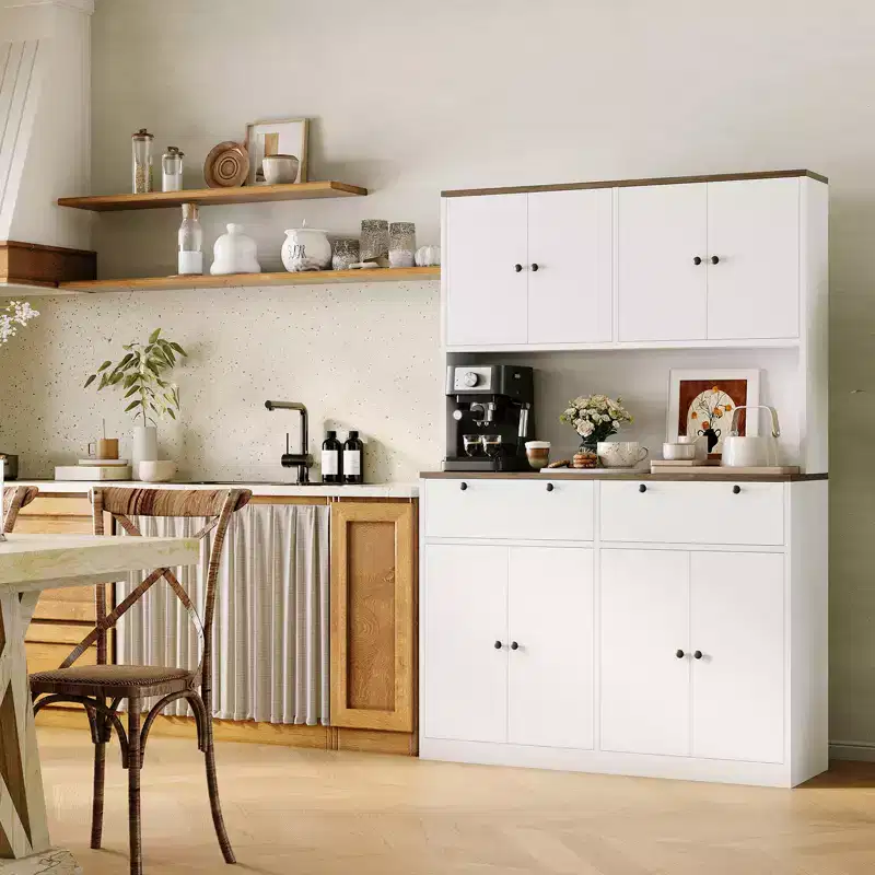 White / Wood 71-Inch Tall Kitchen Pantry Cabinet, 8 Doors, 2 Drawers, Charging Station, 2-Person Household