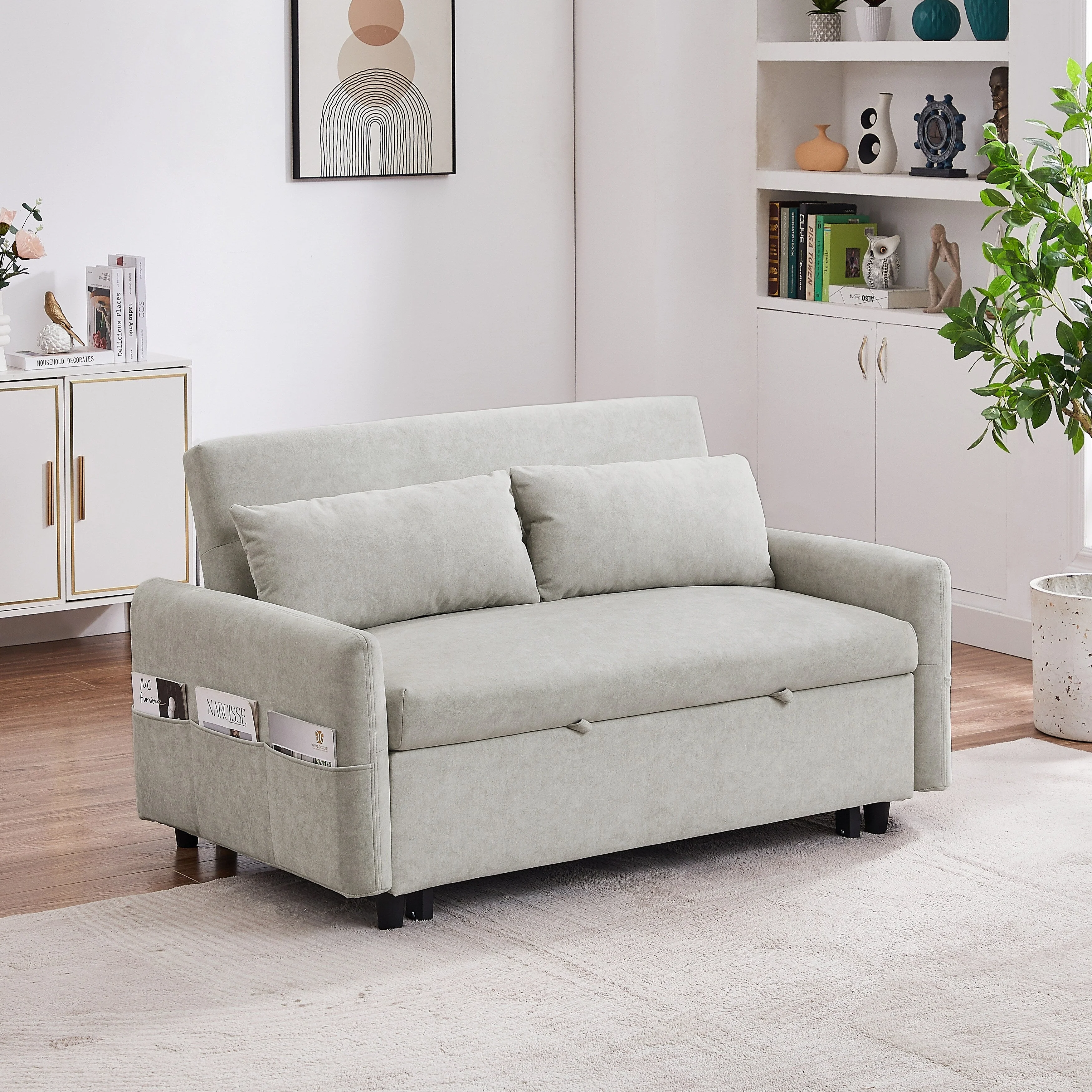 Modern 2 Seat Couch, Microfiber Pull Out Sleep Sofa Bed wih Adjsutable Backrest, Storage Pockets, 2 Soft Pillows, USB Ports