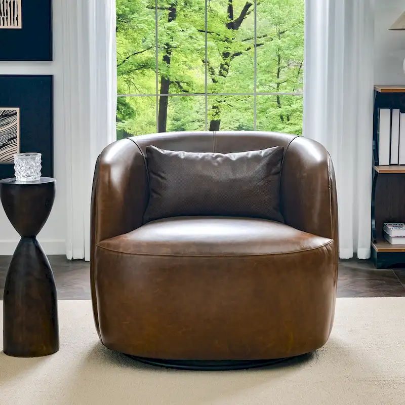 KINWELL Modern Top Grain Genuine Leather Swivel Armchair with Pillow