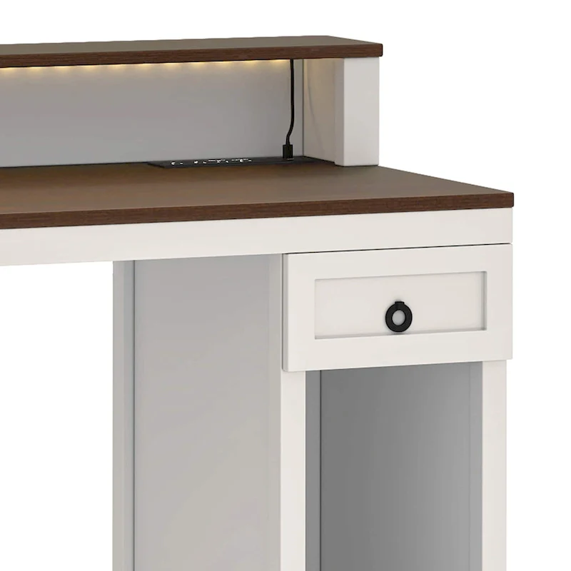 Farmhouse Wood Office Desk with Drawer and LED Strip & Power Outlets