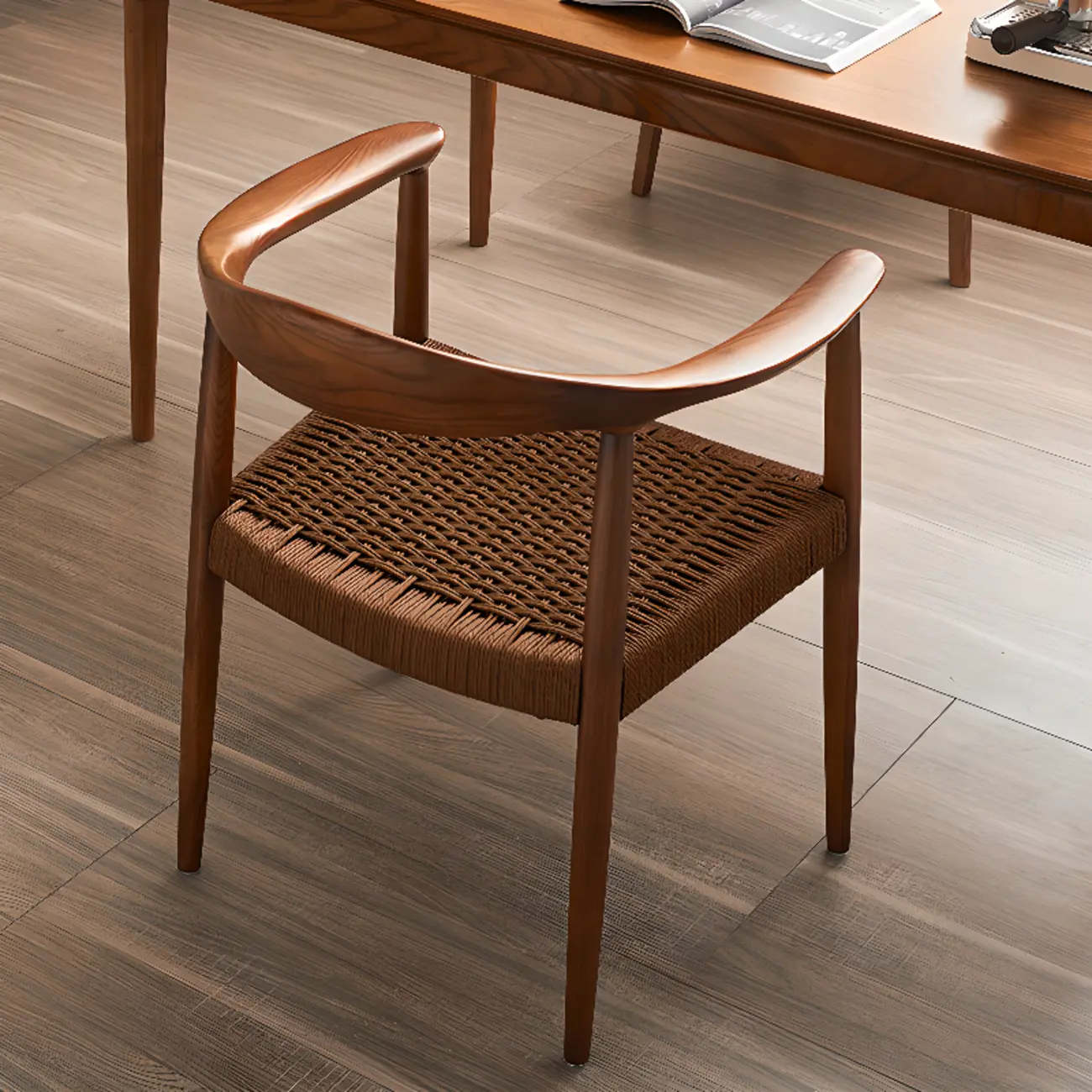 Scandinavian Curved Wood Woven Seat Armrest Dining Chair