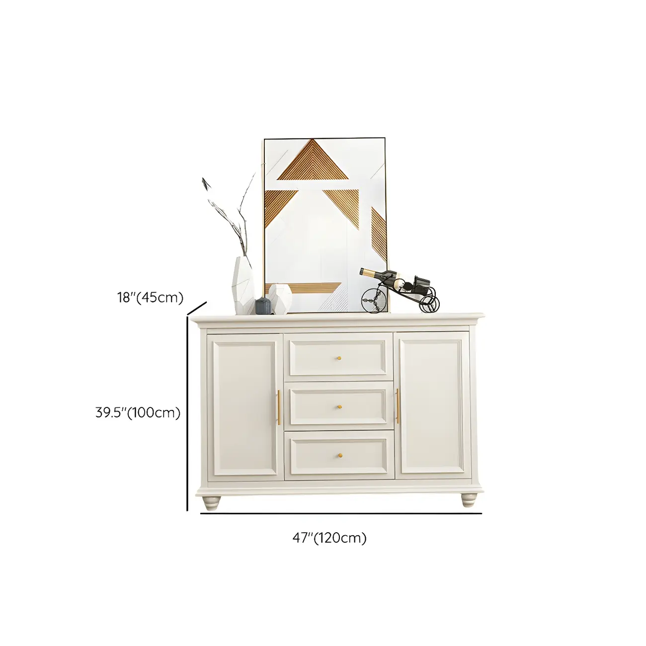 White Wooden Sideboard with 3 Drawers and Cabinets